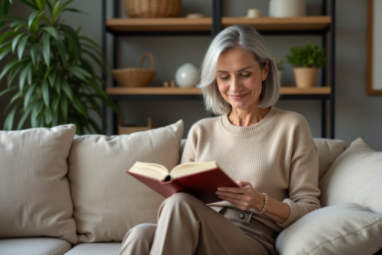 Femme confiante de soixante ans lisant dans un salon chaleureux
