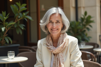 Femme élégante de 60 ans souriante à Paris