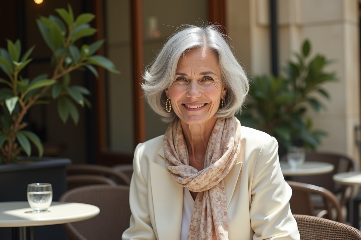 Femme élégante de 60 ans souriante à Paris