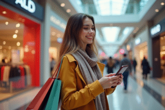 Jeune femme souriante avec sacs de shopping et smartphone