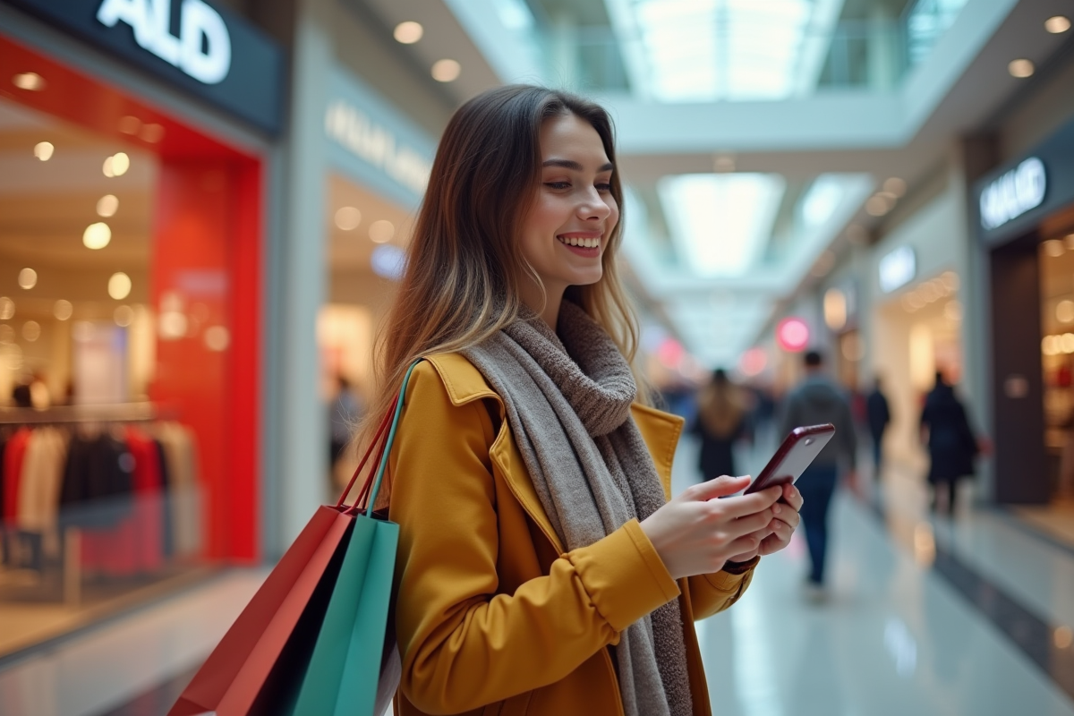 Jeune femme souriante avec sacs de shopping et smartphone