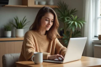 Jeune femme en pull camel qui fait ses achats de vêtements de saison sur Kiabi en ligne depuis son domicile