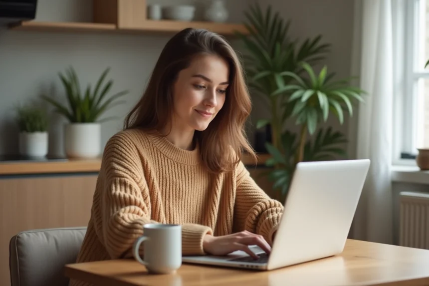 Jeune femme en pull camel qui fait ses achats de vêtements de saison sur Kiabi en ligne depuis son domicile