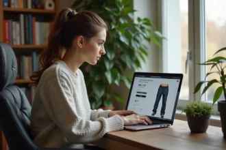 Femme en sweater d'hiver et pantalon de ski regardant son panier