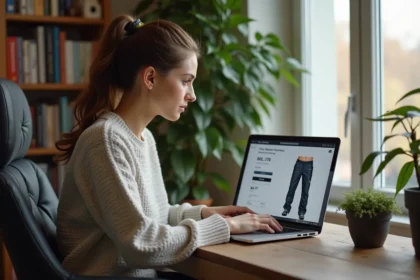 Femme en sweater d'hiver et pantalon de ski regardant son panier