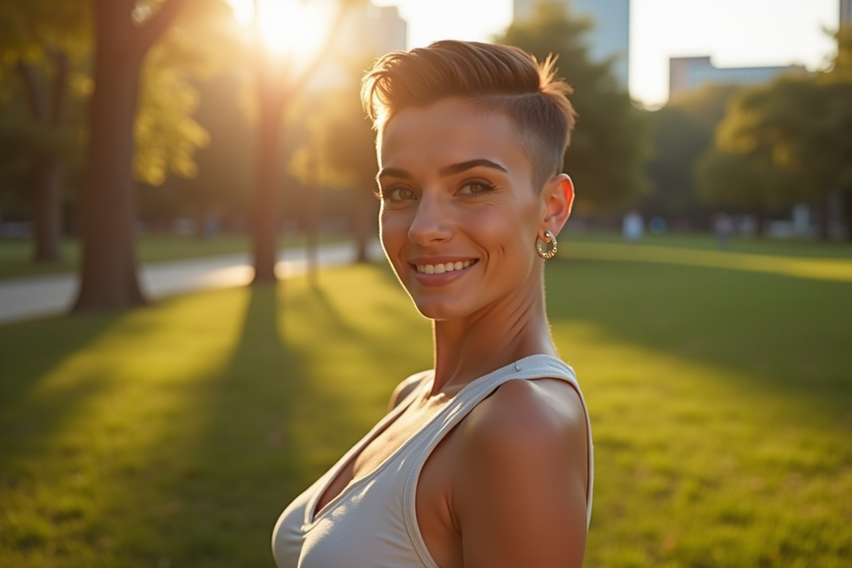 Femme confiante avec coupe courte dans un parc ensoleille