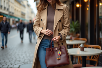 Femme élégante avec sac à la terrasse d'un café parisien