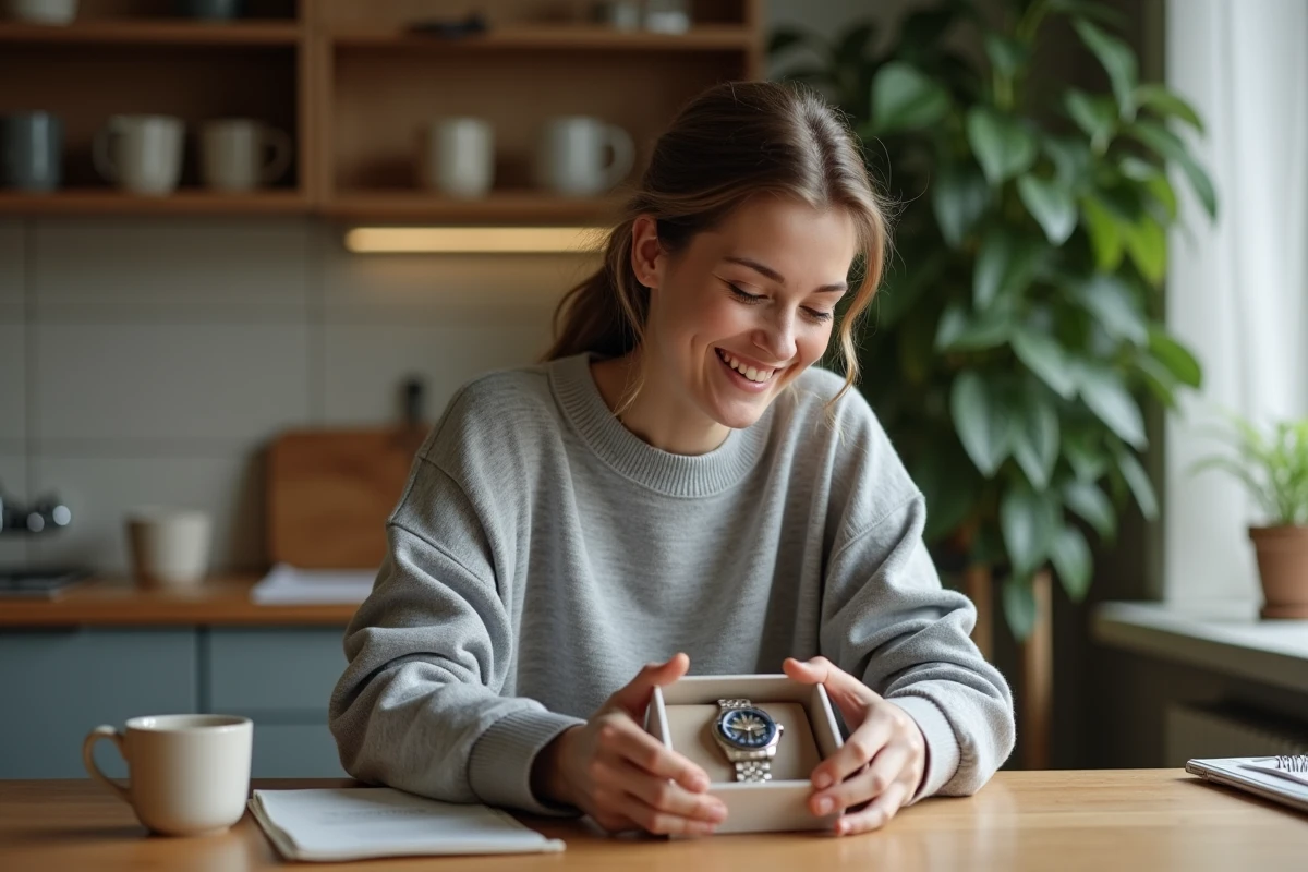 Jeune femme déballant une montre de luxe d