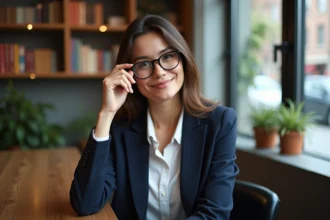 Femme élégante en blazer navy et lunettes rectangulaires