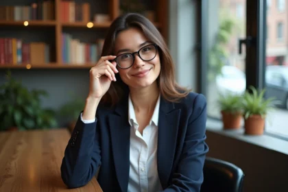Femme élégante en blazer navy et lunettes rectangulaires