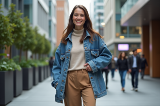 Femme en denim urbain ajustant sa veste dans la ville