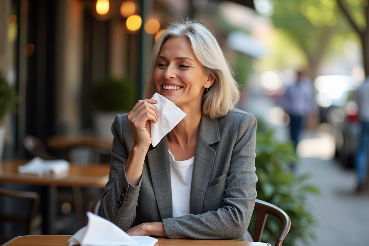 Femme souriante vérifiant la tenue de son rouge à lèvres au café