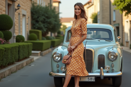 Femme élégante posant près d'une voiture vintage dans un quartier français
