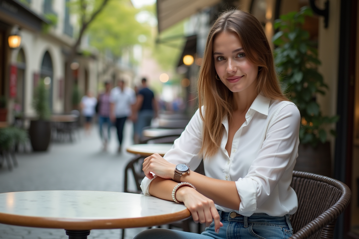 Jeune femme posant sa montre vintage sur la table de café