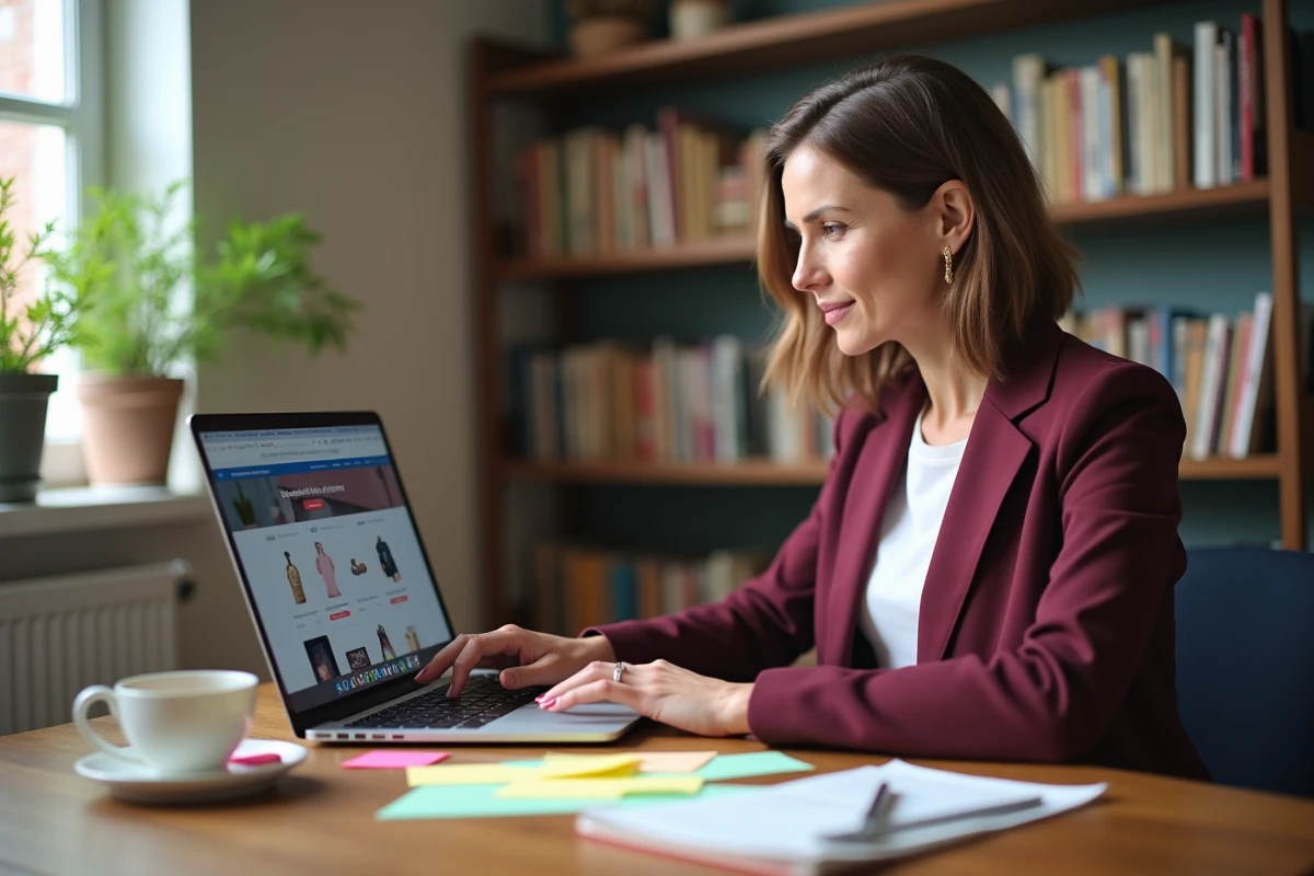 Femme organisée préparant sa wishlist de deuxième démarque soldes sur ordinateur portable dans un bureau à domicile