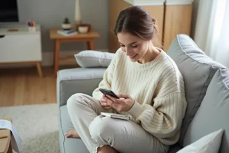 Femme préparant sa wishlist de soldes sur smartphone dans un salon scandinave avec carnet de notes