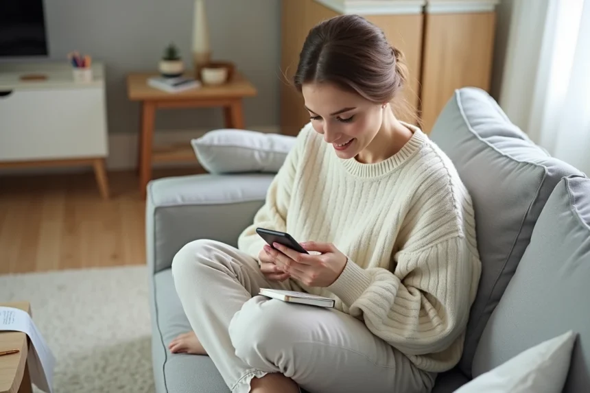 Femme préparant sa wishlist de soldes sur smartphone dans un salon scandinave avec carnet de notes