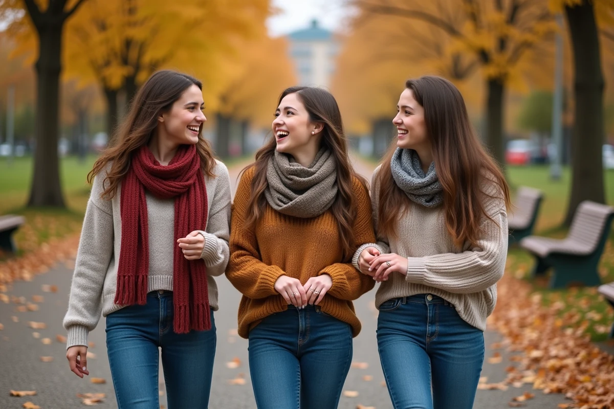 Trois jeunes femmes rient en marchant avec bagues cœur dans un parc