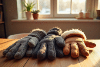 Trois paires de gants d'hiver en laine cuir et polaire sur une table en bois
