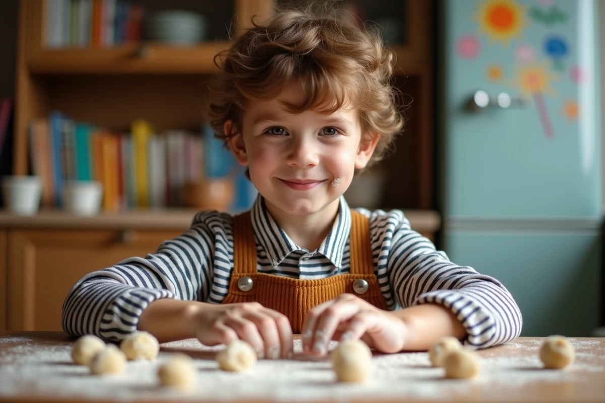 Garçon de 4 ans façonnant des biscuits dans la cuisine chaleureuse