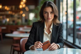 Porte-cartes élégant posé sur une table en bois