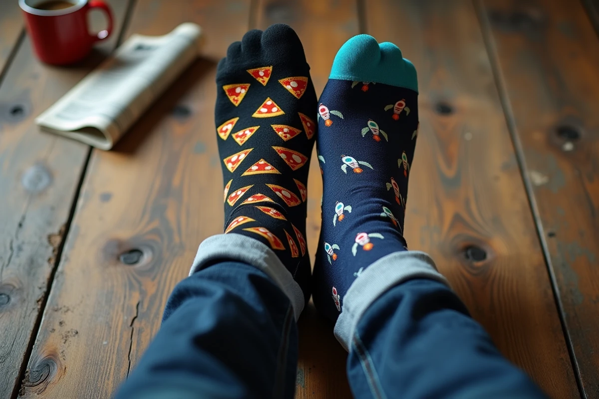 Gros plan de deux paires de chaussettes rigolotes pour homme avec motifs pizza et fusées sur un parquet en bois ancien