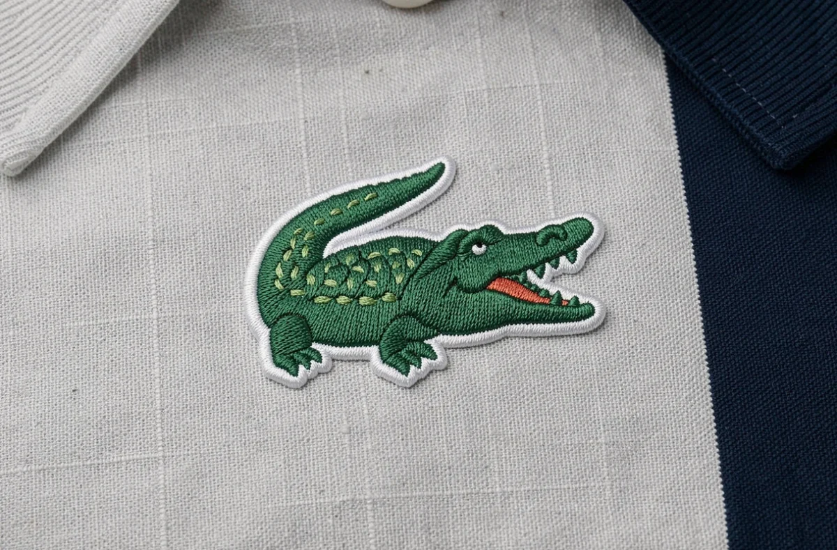 Gros plan macro sur le logo crocodile brodé Lacoste sur un polo bleu marine posé à plat sur lin gris
