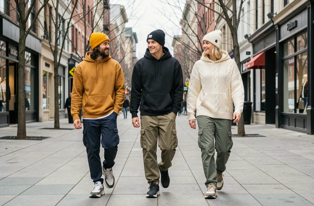 Groupe de trois amis portant des beanies tendance en moutarde, noir et crème, marchant dans une rue piétonne urbaine en tenue streetwear hivernale