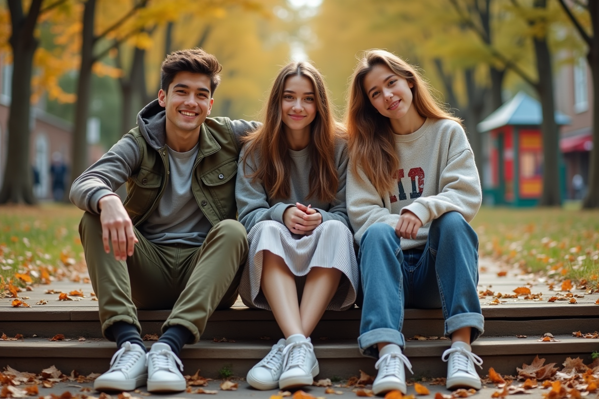 Groupe d amis assis dans un parc en tenue tendance
