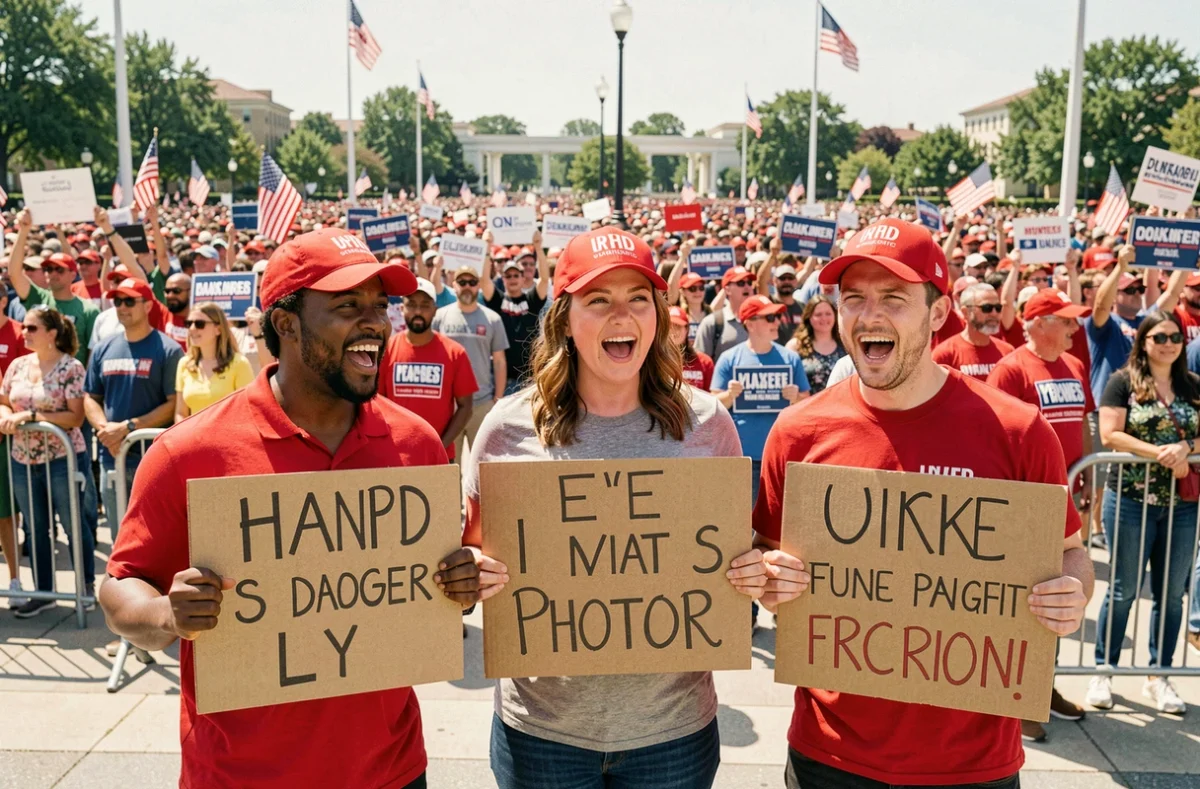 Groupe de trois adultes portant des casquettes rouges MAGA tenant des pancartes lors d'un rassemblement politique en extérieur