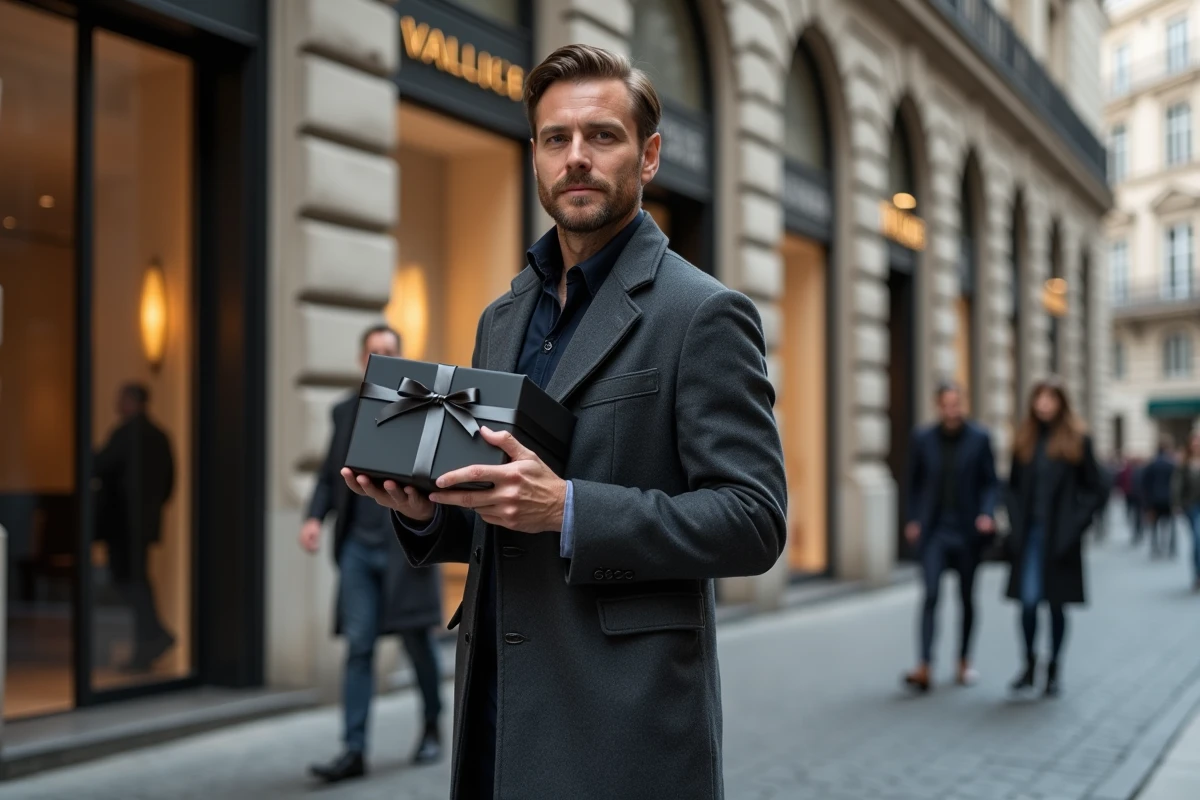 Homme élégant tenant un coffret cadeau de marque de luxe devant une boutique haut de gamme sur une avenue européenne