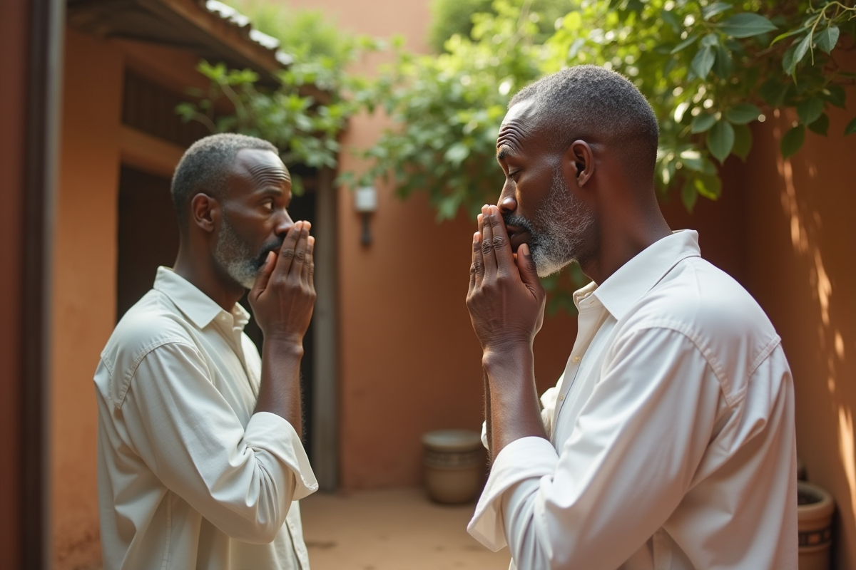 Homme africain massant une huile visage en plein air