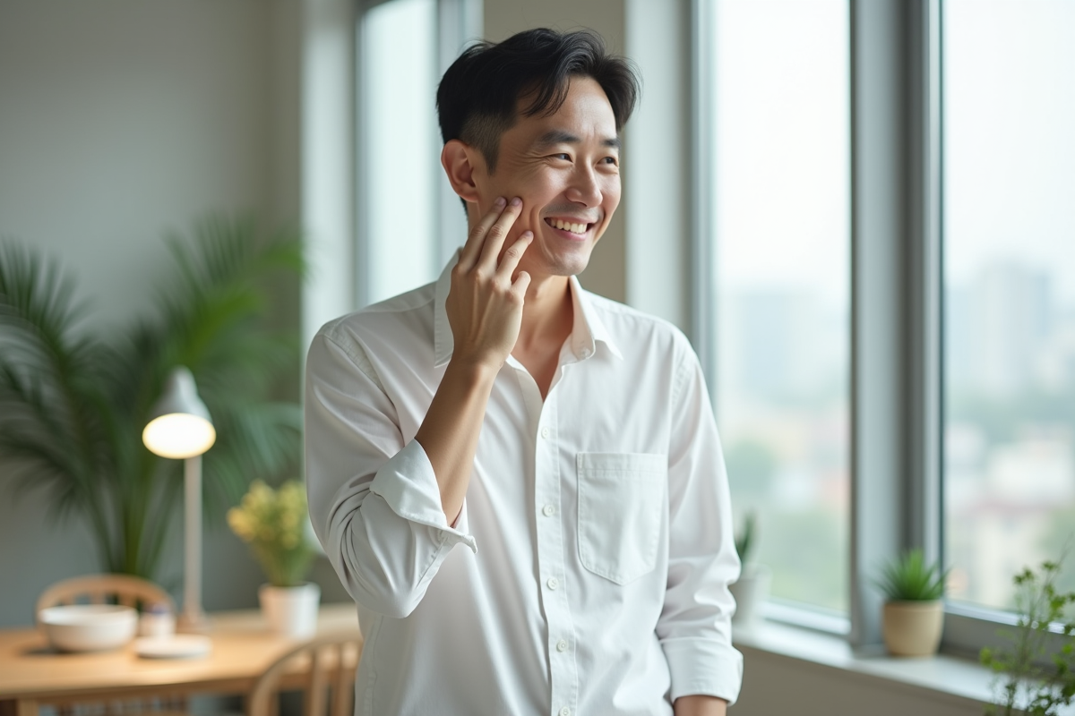 Homme coréen appliquant du toner dans son bureau lumineux