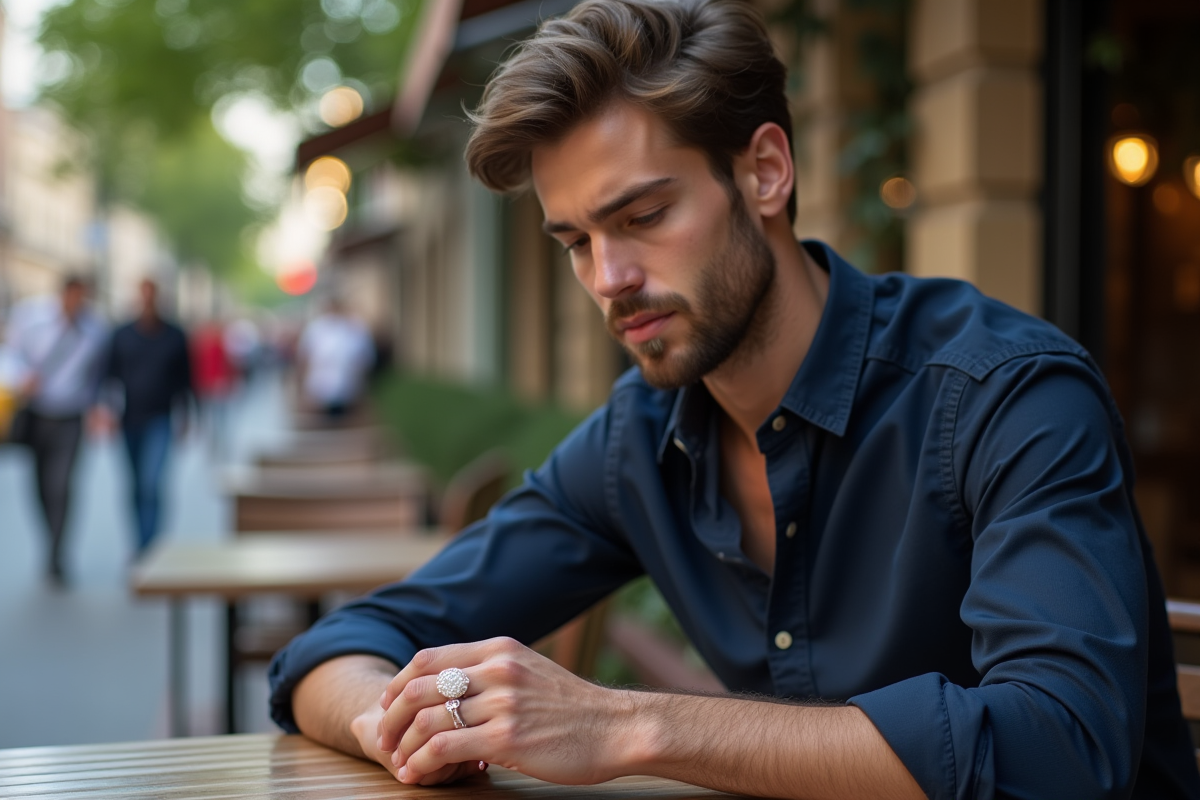Homme admirant une bague en perle dans un café urbain animé