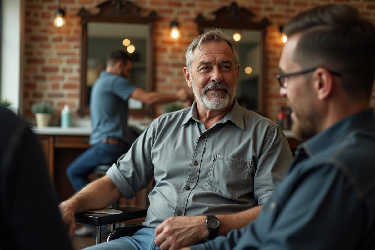 Homme en discussion avec son barbier dans un salon vintage