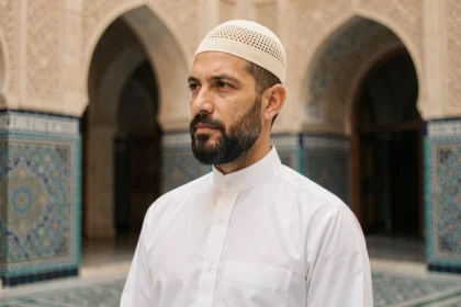 Homme barbu en kufi crème et thobe blanc dans la cour d'une mosquée traditionnelle, portrait 3/4 au style sobre et spirituel