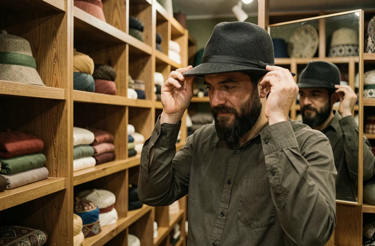 Homme barbu essayant un pakol en laine gris anthracite dans une boutique de vêtements islamiques, ambiance chaleureuse et authentique