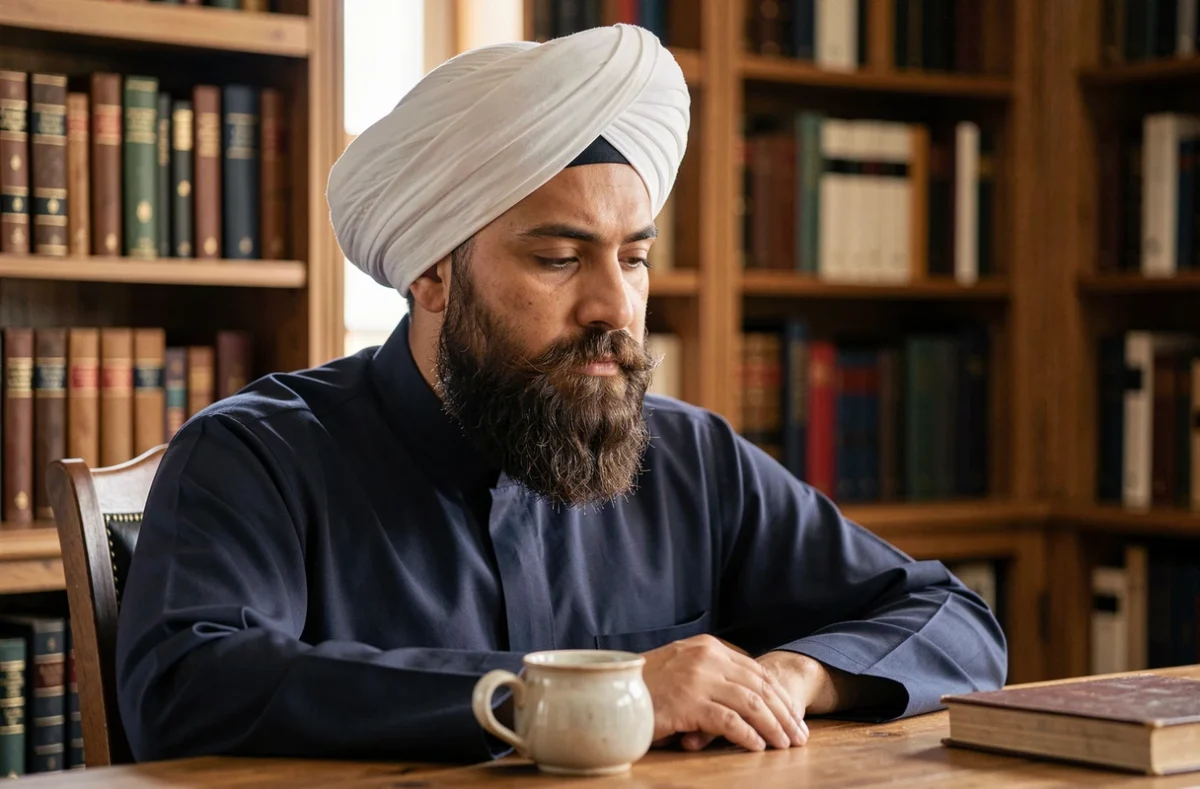 Homme barbu au turban blanc enroulé portant un qamis marine, assis dans un bureau à domicile entouré de livres, portrait studieux et serein