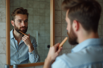 Homme barbu se coiffant dans le miroir de salle de bain