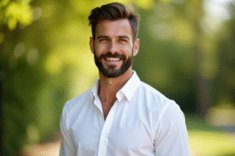 Homme barbu en chemise blanche dans la nature