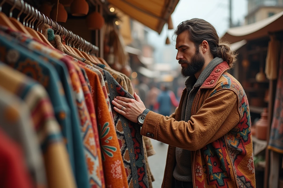 Homme avec veste hippie dans un marché en plein air