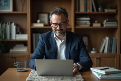 Homme en blazer navy dans un bureau cosy et élégant