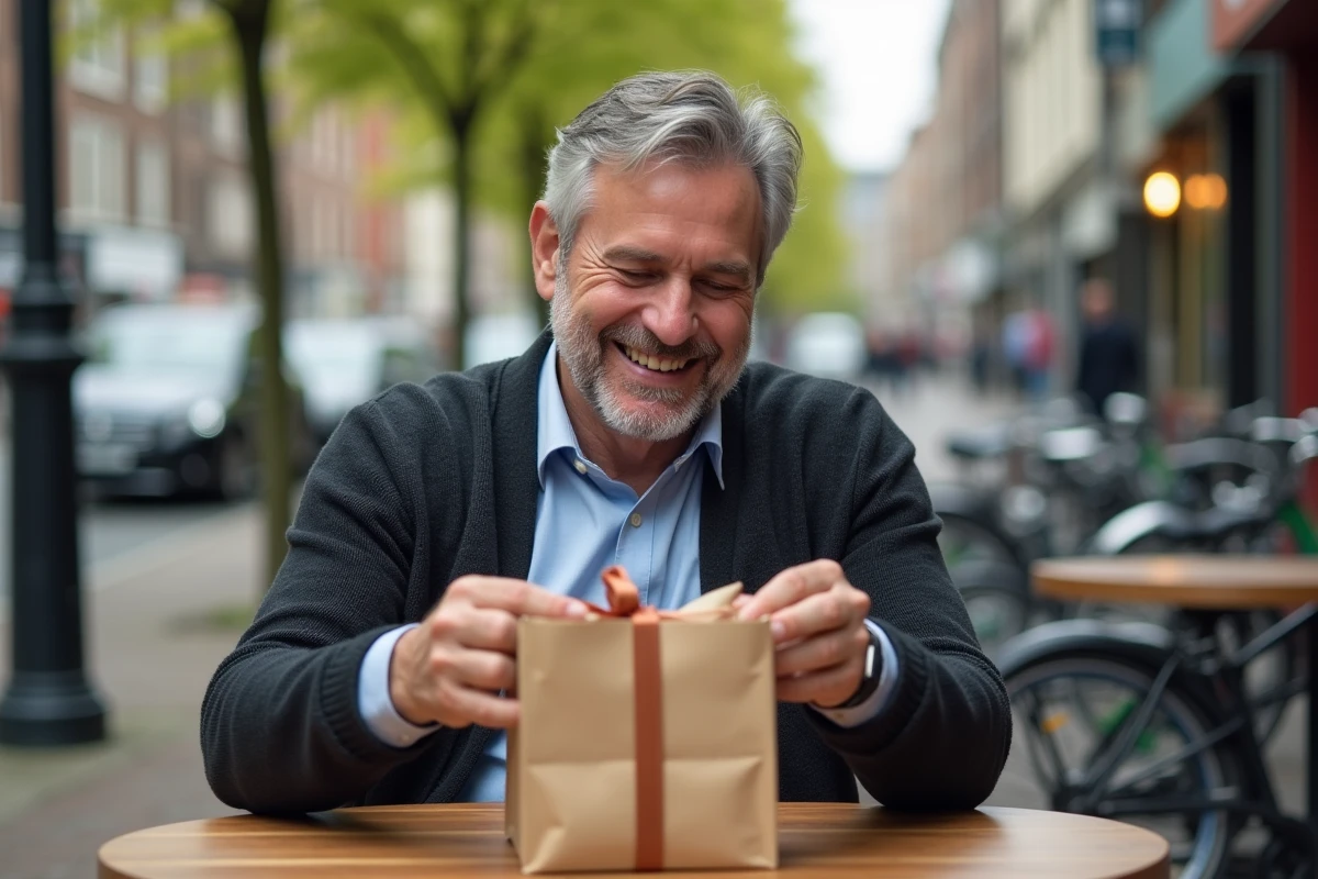 Homme déballant un sac cadeau dans un café en ville