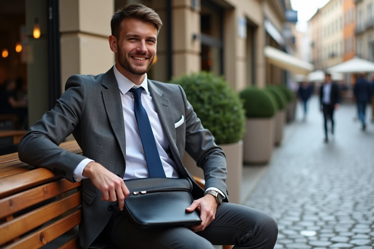Jeune homme en costume gris avec pochette au café en ville