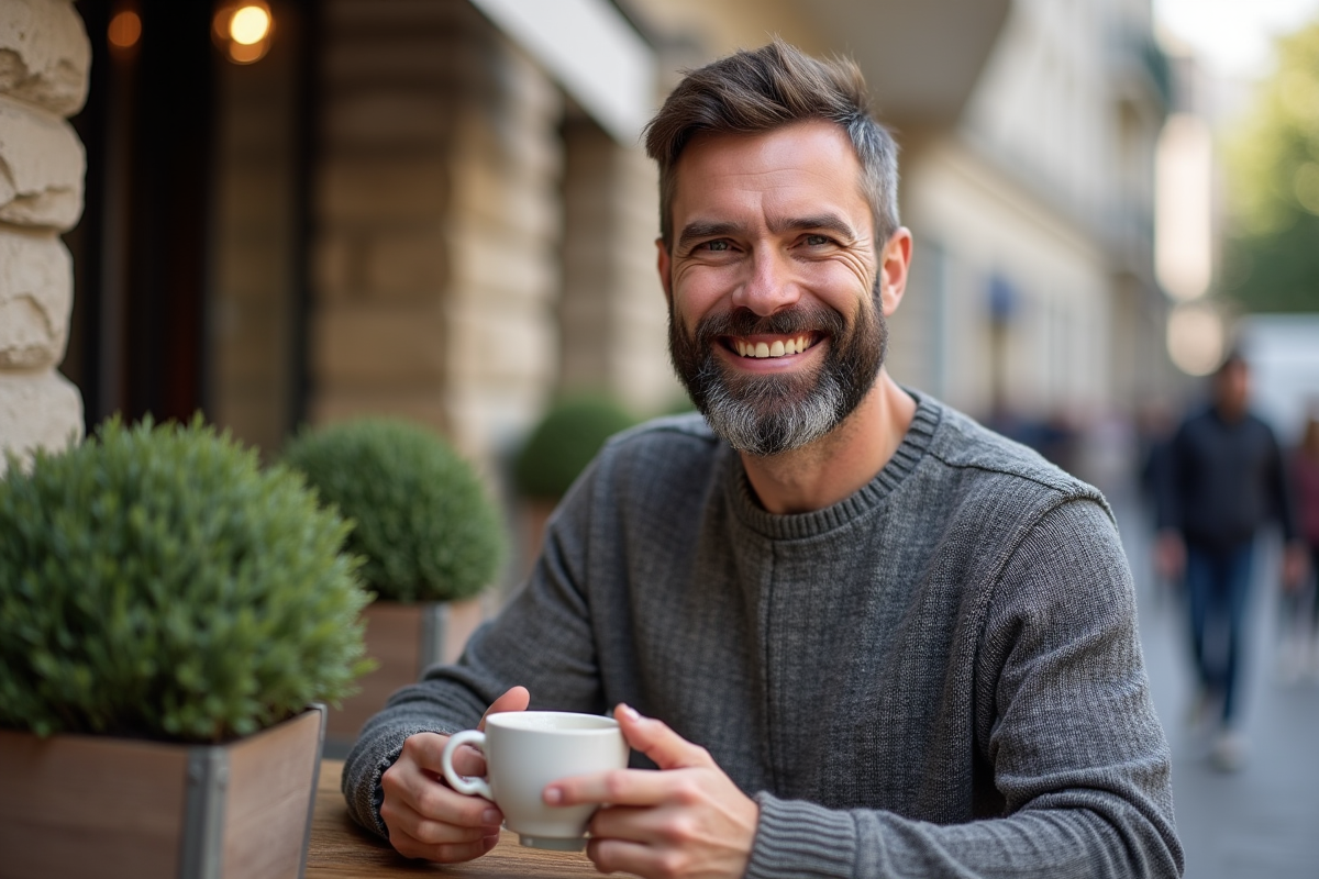 Homme souriant avec barbe profitant d’un café en terrasse