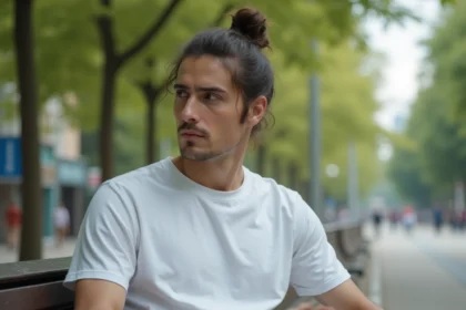 Homme détendu assis sur un banc dans un parc urbain