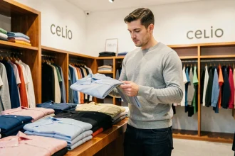Homme feuilletant des chemises pliées dans le magasin celio de Vichy