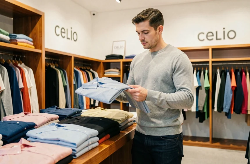 Homme feuilletant des chemises pliées dans le magasin celio de Vichy