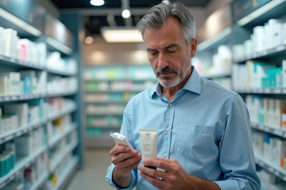 Homme mature lisant l etiquette d une creme visage en pharmacie