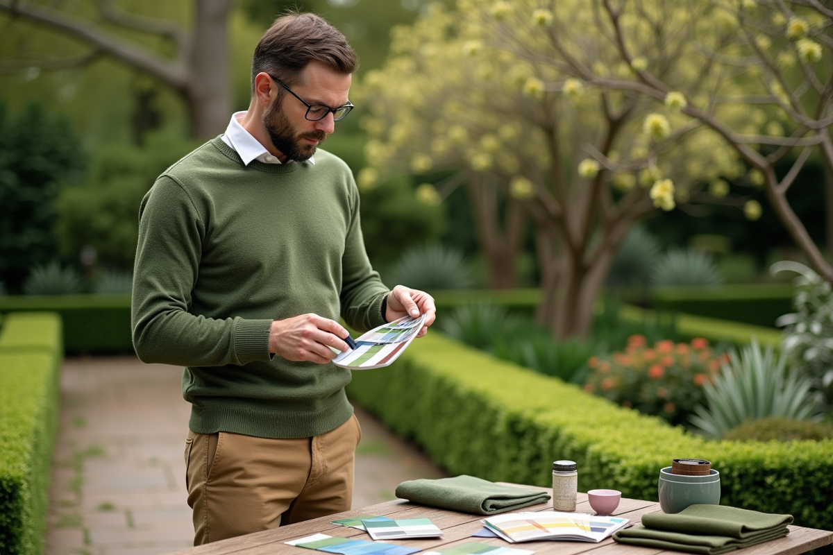 Homme regardant des échantillons de couleur dans un jardin